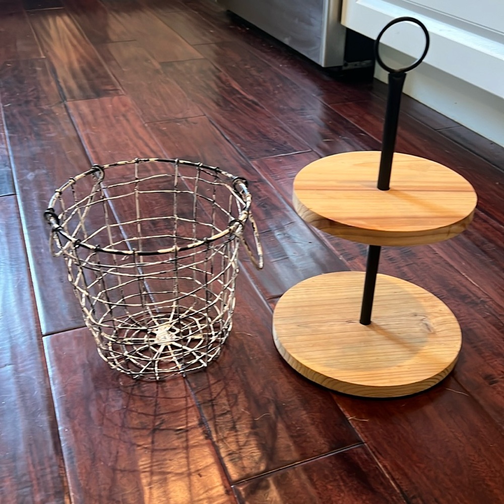 Distressed Basket & Mini Tiered Tray